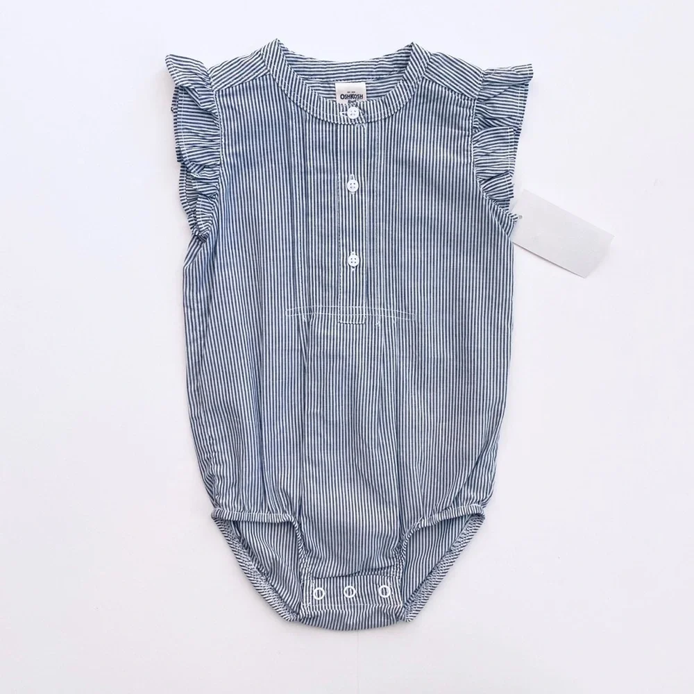OshKosh Baby Girl Pinstripe Ruffle Bodysuit 9M Blue White NWT Summer